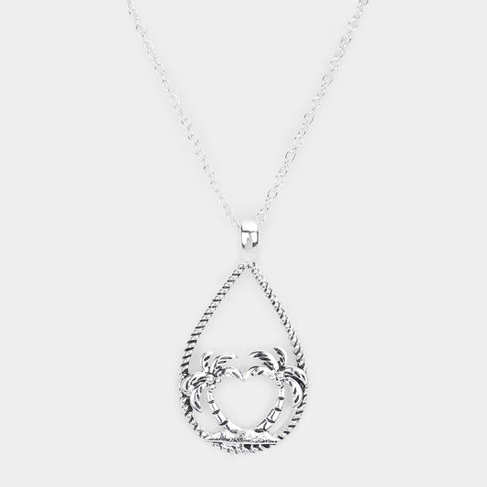 Palm Tree Accented Open Teardrop Pendant Necklace