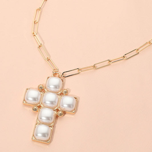Bold Geometric Pearl Cross Charm Paperclip Chain Necklace