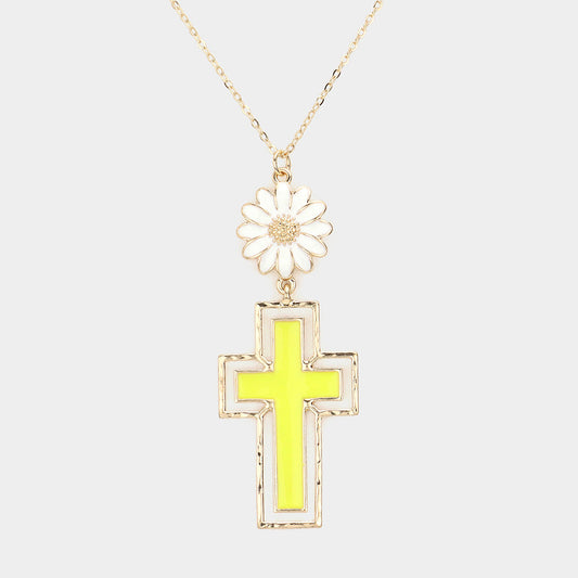 Daisy Flower Cross Link Pendant Necklace