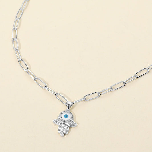 Stainless Steel CZ Stone Paved Evil Eye Hamsa Hand Pendant Paperclip Chain Necklace