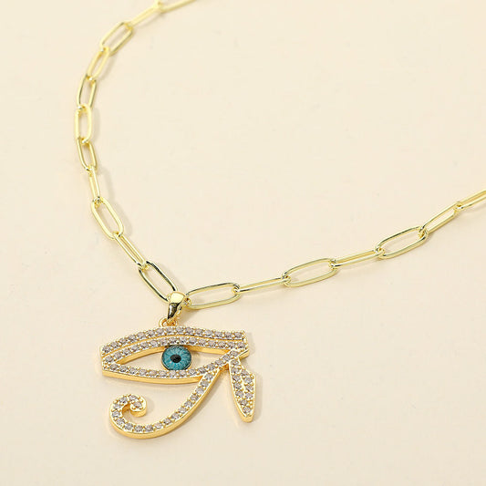 Stainless Steel CZ Stone Paved Eye of Horus Pendant Paperclip Chain Necklace