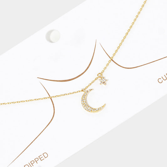 Gold Dipped Cubic Zirconia Moon Star Pendant Necklace