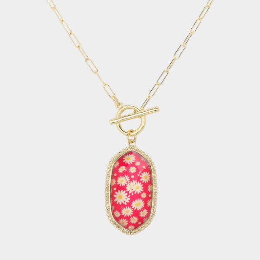 Daisy Flower Patterned Hexagon Pendant Toggle Necklace