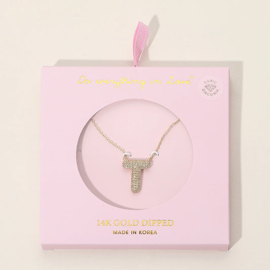 -T- 14K Gold Dipped CZ Stone Paved Initial Monogram Pendant Necklace