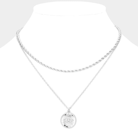Rhinestone Embellished Evil Eye Round Pendant Layered Necklace