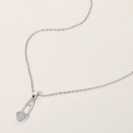 Stainless Steel Stone Paved Heart Safety Pin Pendant Necklace