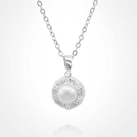 Stainless Steel CZ Stone Rim Pearl Pendant Necklace