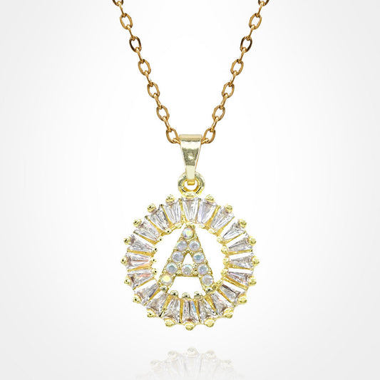 -A- Stainless Steel CZ Stone Embellished Round Initial Monogram Pendant Necklace