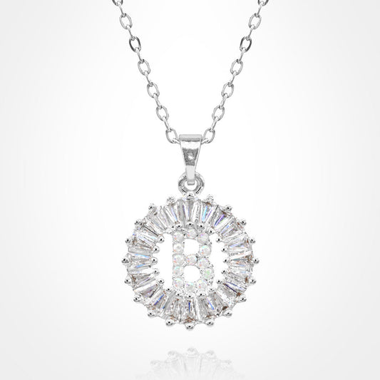 -B- Stainless Steel CZ Stone Embellished Round Initial Monogram Pendant Necklace