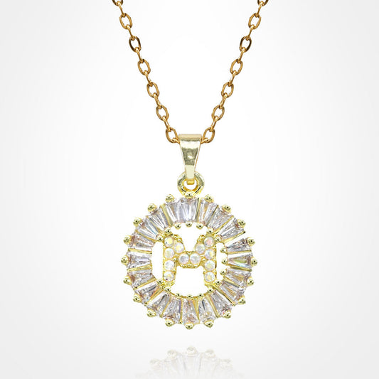 -M- Stainless Steel CZ Stone Embellished Round Initial Monogram Pendant Necklace