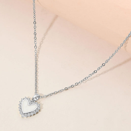 Stainless Steel CZ Trim Mother of Pearl Heart Pendant Necklace