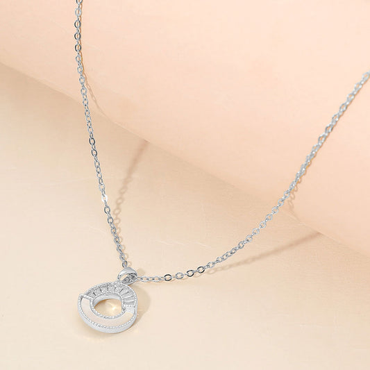 Stainless Steel CZ Pave Mother of Pearl Detail Open Circle Pendant Necklace