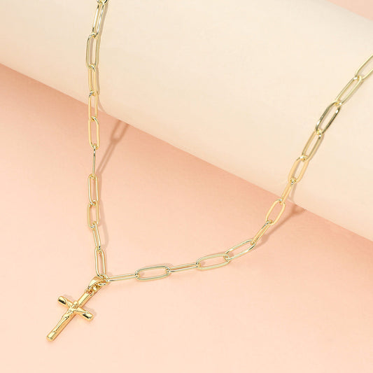 Stainless Steel Cross Pendant Paperclip Chain Necklace