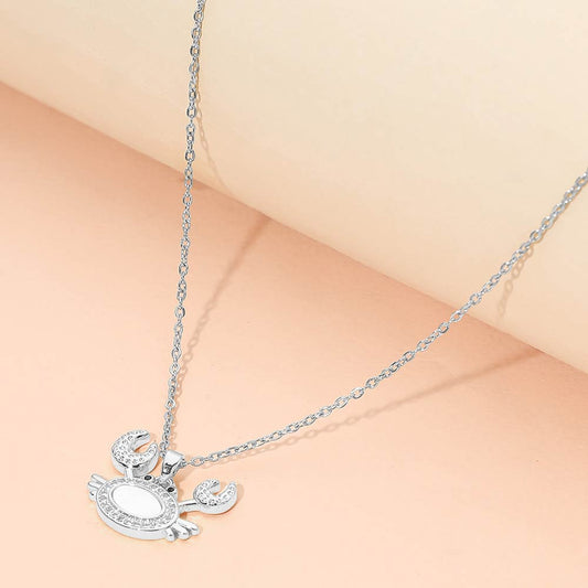 Stainless Steel Mother of Pearl CZ Stone Paved Crab Charm Pendant Necklace