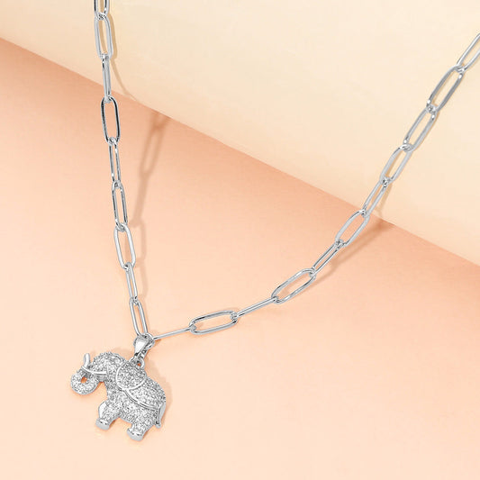 Stainless Steel CZ Stone Paved Elephant Charm Pendant Paperclip Chain Necklace