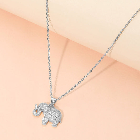 Stainless Steel CZ Stone Paved Elephant Charm Pendant Necklace