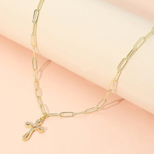 Stainless Steel CZ Cross Charm Pendant Paperclip Chain Necklace