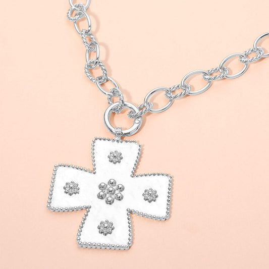Floral Beaded Metal Cross Pendant Toggle Necklace