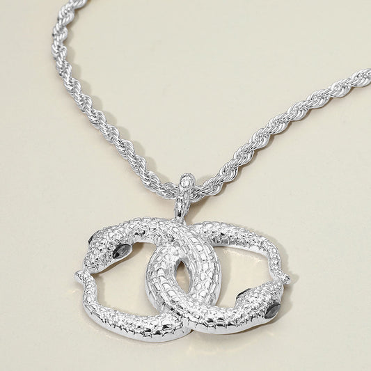 Bold Textured Metal Interlocking Snake Pendant Chunky Twisted Chain Necklace