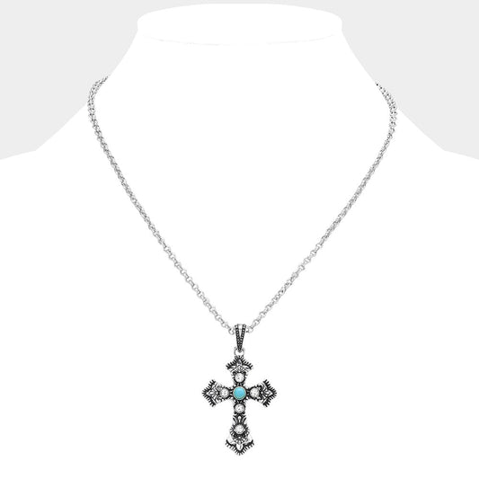 Natural Stone Pointed Western Cross Pendant Necklace
