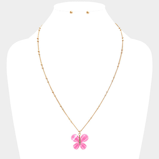 Glittered Resin Butterfly Pendant Necklace