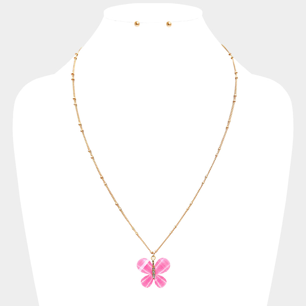 Glittered Resin Butterfly Pendant Necklace