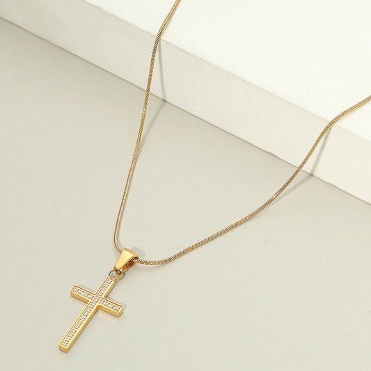 18K Gold Dipped Stainless Steel Stone Paved Cross Pendant Necklace