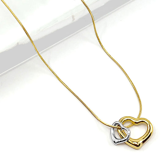 Stainless Steel Two Tone Double Open Heart Pendant Necklace