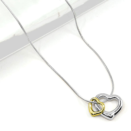Stainless Steel Two Tone Double Open Heart Pendant Necklace