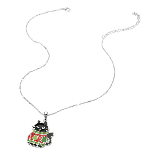 Christmas Sweater Black Cat Pendant Necklace