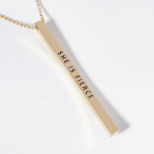 SHE IS FIERCE Brass Metal Bar Pendant Necklace