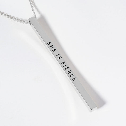SHE IS FIERCE Brass Metal Bar Pendant Necklace
