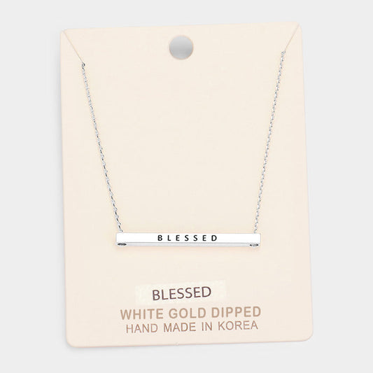 'Blessed' Horizontal Metal Bar Pendant Necklace