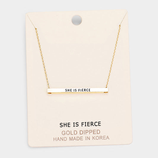 'She Is Fierce' Horizontal Metal Bar Pendant Necklace