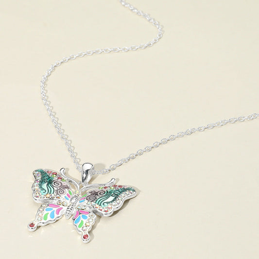 Antique Metal Enamel Butterfly Pendant Necklace