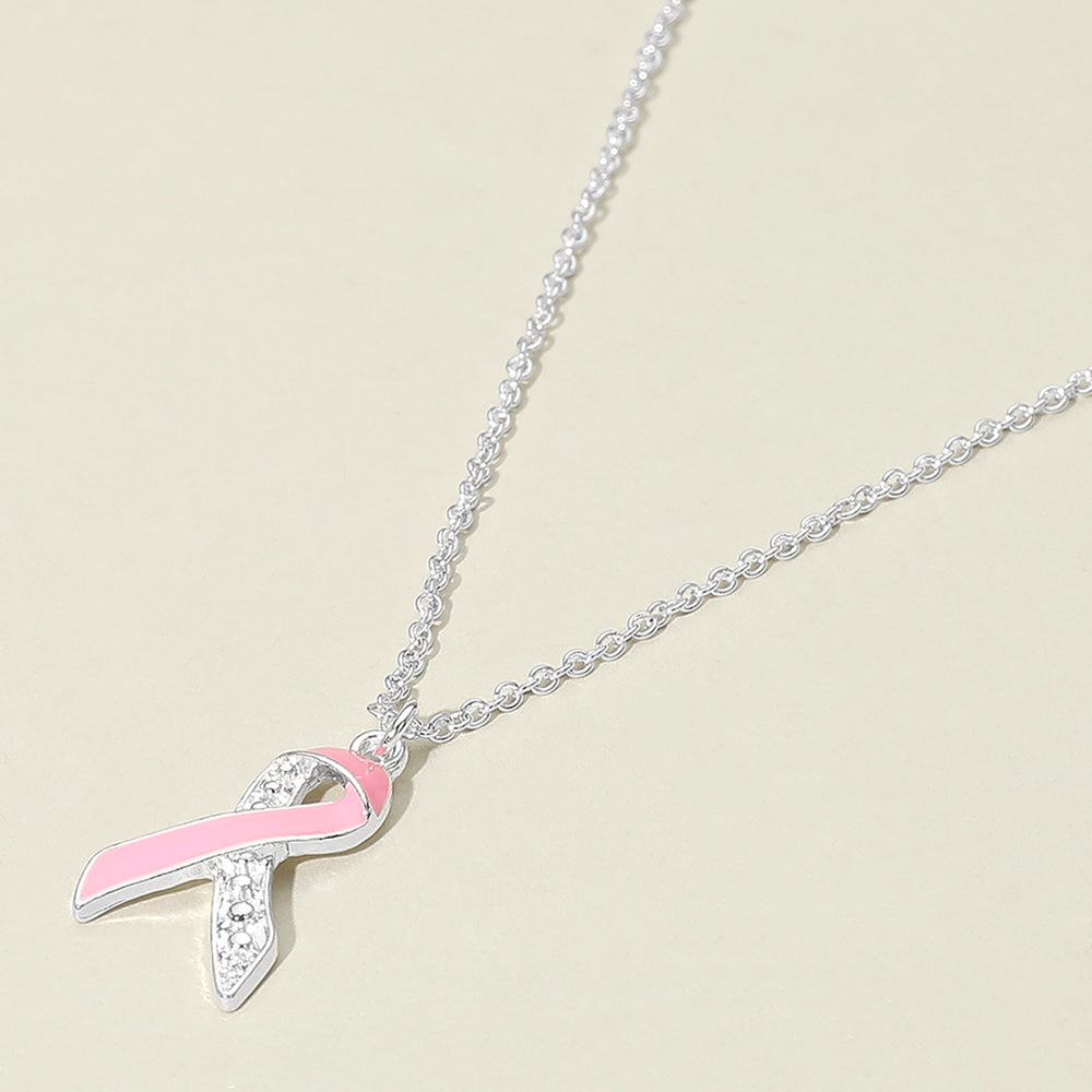 Stone Paved Enamel Pink Ribbon Pendant Necklace