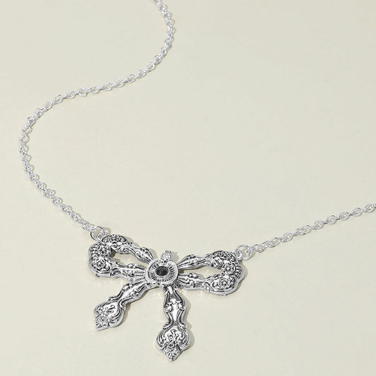 Stone Accent Antique Metal Vintage Bow Pendant Necklace
