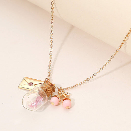 Whimsical Glass Bottle Envelope Cherry Charm Pendant Necklace