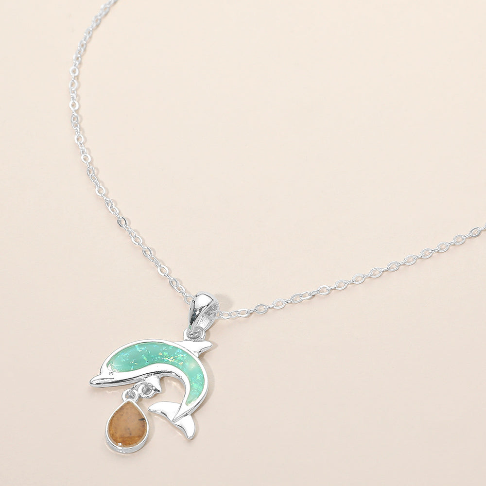Dolphin Teardrop Charm Pendant Necklace