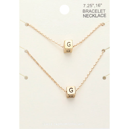 2PCS - -G- Initial Monogram Metal Cube Pendant Necklace / Bracelet Set
