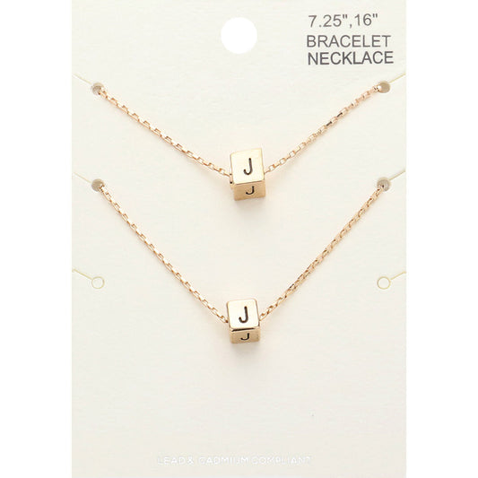 2PCS - -J- Initial Monogram Metal Cube Pendant Necklace / Bracelet Set