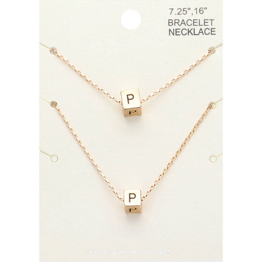 2PCS - -P- Initial Monogram Metal Cube Pendant Necklace / Bracelet Set
