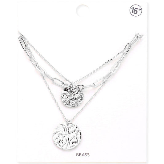 Brass Metal Crushed Metal Disc Pendant Triple Layered Necklace