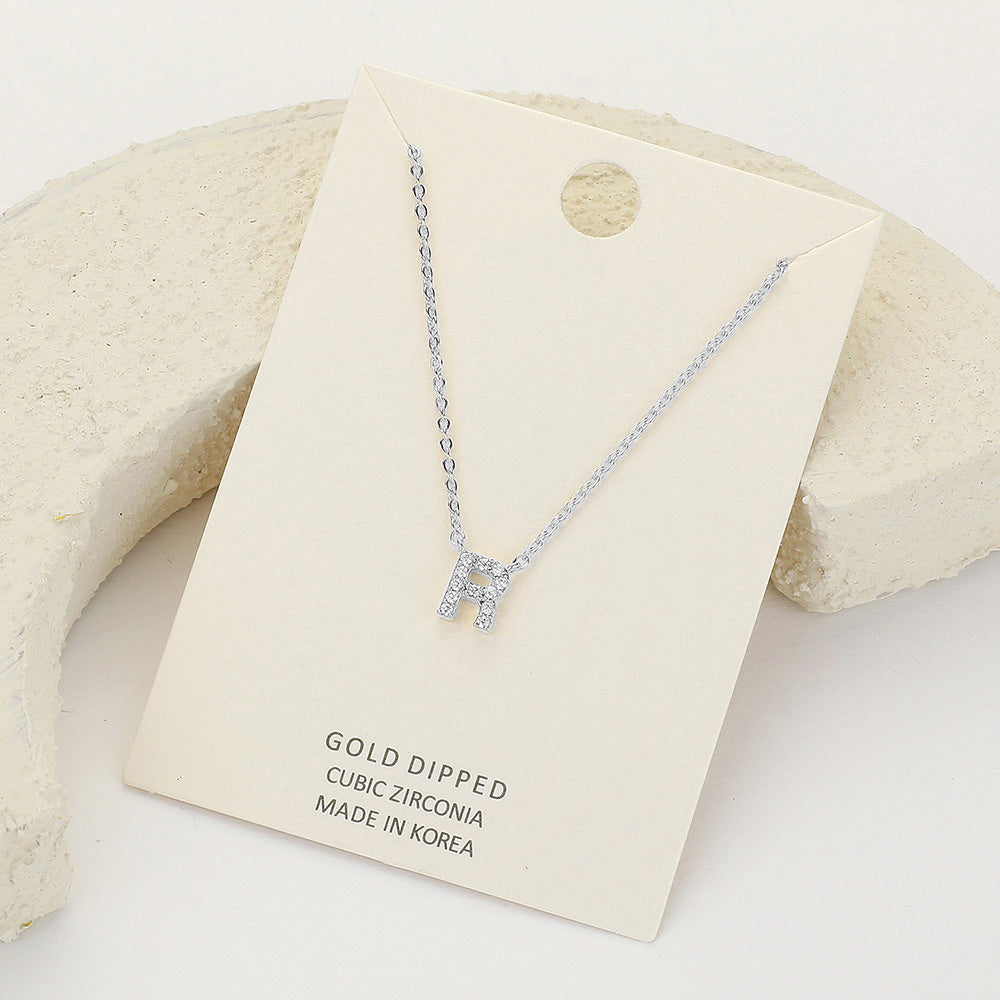 -R- CZ Stone Paved Initial Monogram Pendant Necklace