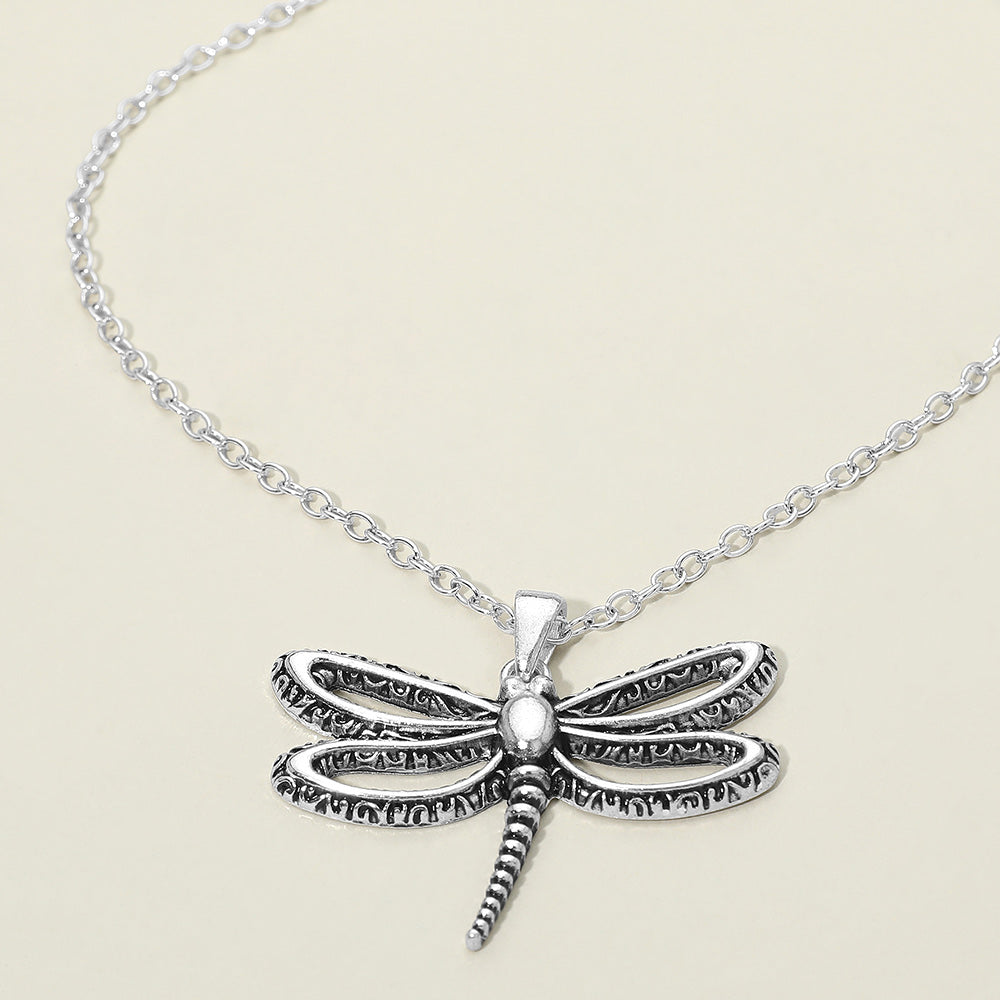 Antique Metal Open Dragonfly Pendant Necklace