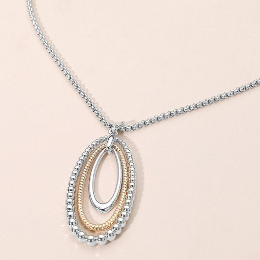 Metal Beaded Edge Layered Open Oval Pendant Necklace
