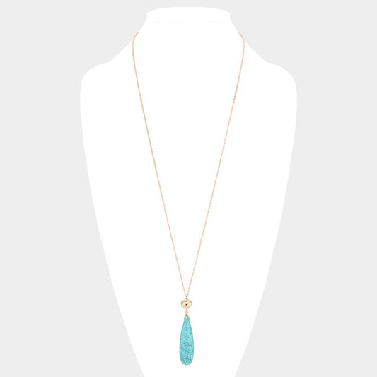 Metal Heart Teardrop Natural Stone Link Pendant Long Necklace