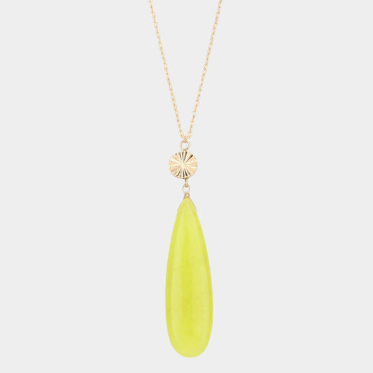 Textured Metal Round Natural Stone Teardrop Link Pendant Long Necklace
