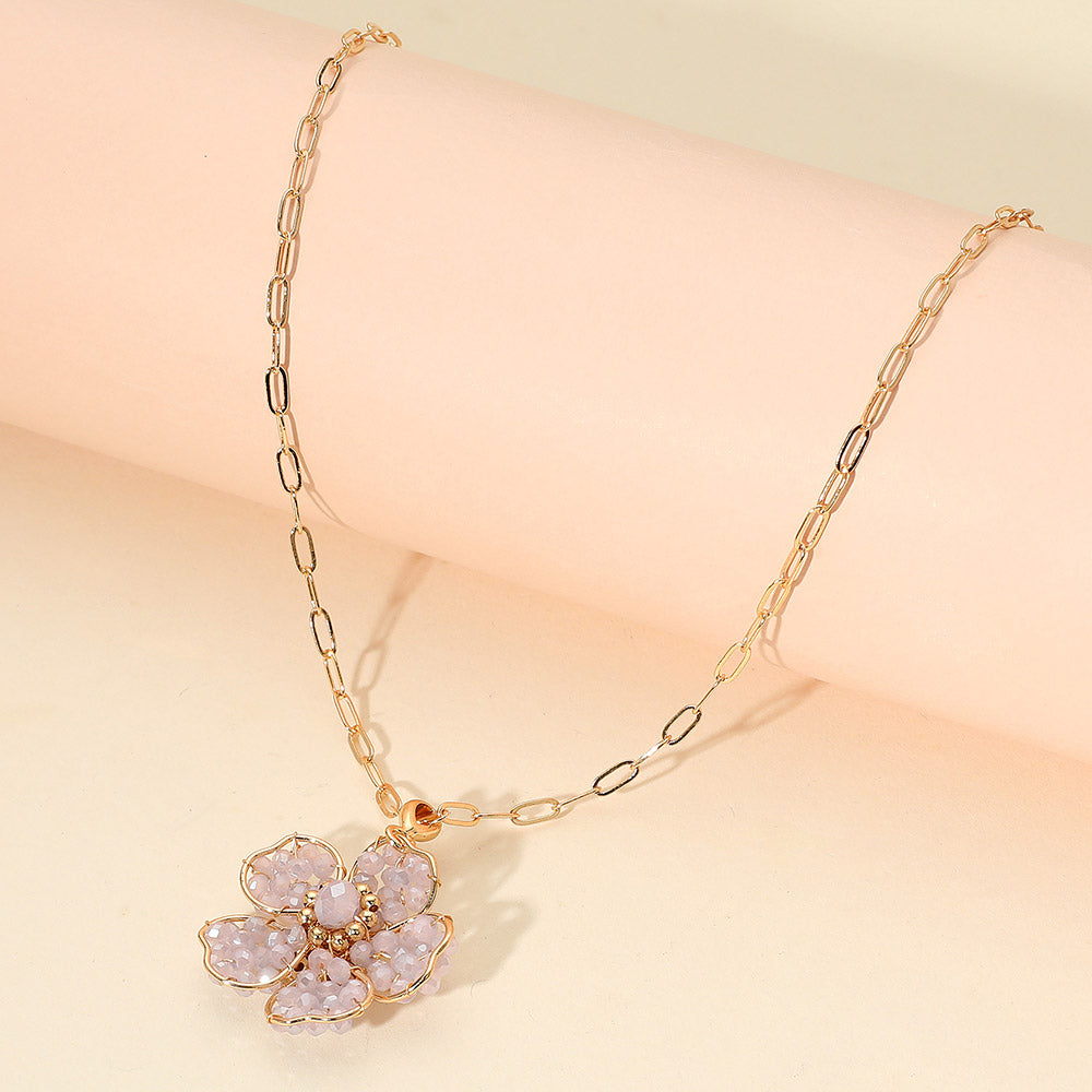 Beaded Flower Pendant Paperclip Chain Necklace