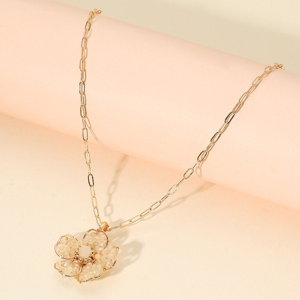 Beaded Flower Pendant Paperclip Chain Necklace